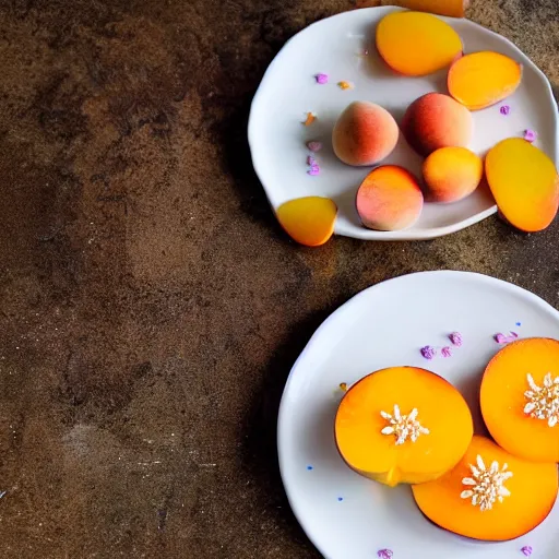 Image similar to beautiful photo a fairy made of peaches, mangoes and sprinkles, on a white plate, dslr