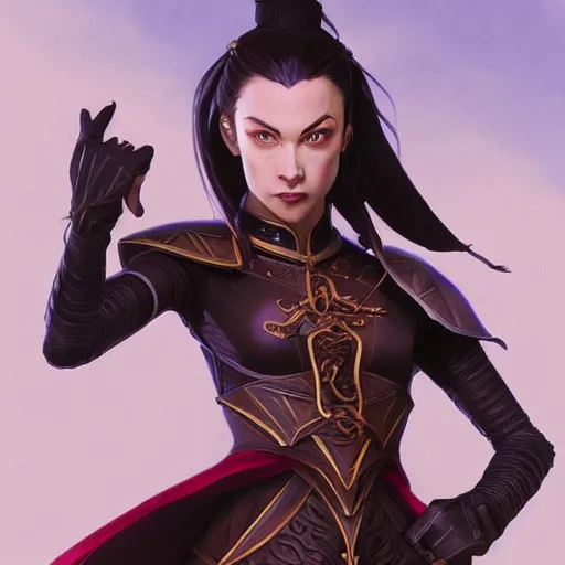 Prompt: Portrait of Azula wearing skintight black leather armor, Avatar the Last Airbender, Dungeons and Dragons, Lord of the Rings, intricate, elegant, highly detailed, digital painting, artstation, concept art, smooth, sharp focus, illustration, art by artgerm and greg rutkowski and alphonse mucha and andrei riabovitchev