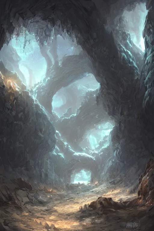 Image similar to an eerie cave, containing a hidden portal, to the multiverse, trending on art station, detailed environment