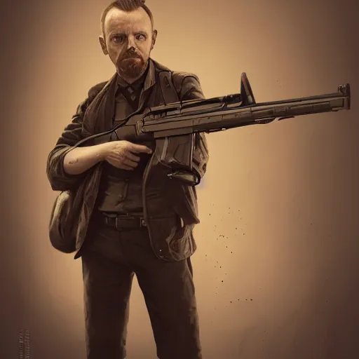 Prompt: simon pegg with winchester - rifle portrait, horror core, apocalyptic, sharp focus, fiction, hyper detailed, digital art, trending in artstation, cinematic lighting, studio quality, smooth render, unreal engine 5 rendered, octane rendered, art style and nixeu and wlop and krenz cushart