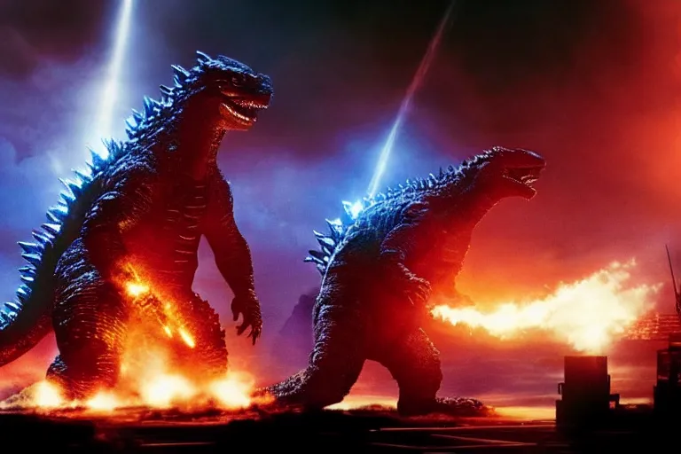 Image similar to godzilla playing the drumset, rock music, concert lights, dynamic photo, still shot from the new godzilla movie