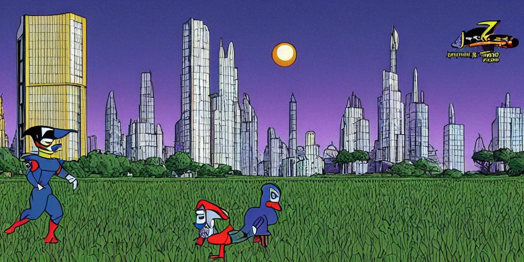 Prompt: a tall building over a grass field at night, disjointed style, Duck Dodgers in the 24½th Century style