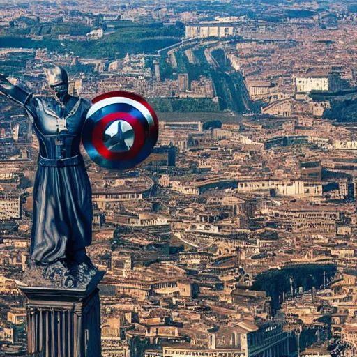 Image similar to Captain America flies over the cityscape of Rome. Filmed in the style of Wim Wenders. Cinematic, 50mm, highly intricate in technicolor