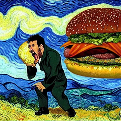 Image similar to portrait of adam sandler screaming at a giant hamburger. painting by vincent van gogh, oil on canvas, rich deep colors.