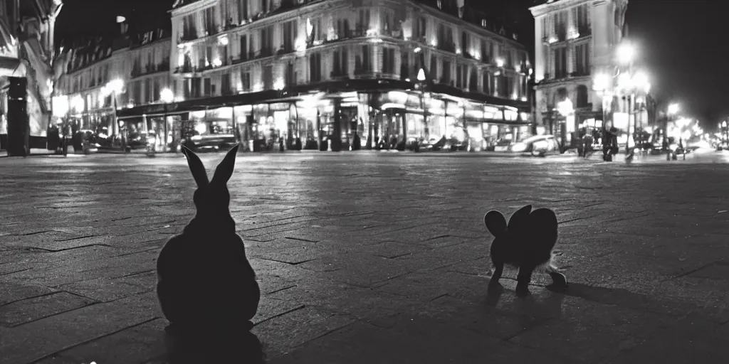 Prompt: a rabbit sitting outside a cafe in paris at night, the eiffel tower is visible in the background, black and white photograph