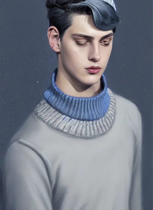 Image similar to portrait of teenage jughead jones, wearing a light grey crown, light grey crown, blue turtleneck sweater 1 9 5 0 s, intricate, elegant, glowing lights, highly detailed, digital painting, artstation, concept art, smooth, sharp focus, illustration, art by wlop, mars ravelo and greg rutkowski