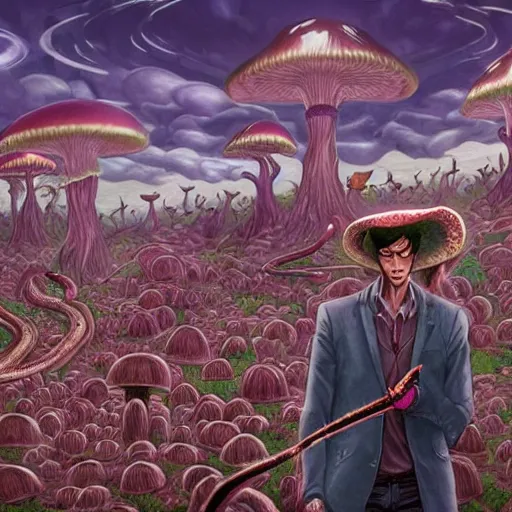 Image similar to A centered chest up portrait of a psychedelic demonic anthropomorphic snake smoking a hand-rolled cigarette smoking heavily , magic mushroom village in background , award winning. superb resolution. in the art style of junji Ito and greg rutkowski . Detailed Mushroom city in background. Hyper realistic anime. Perfect art. Dalle2