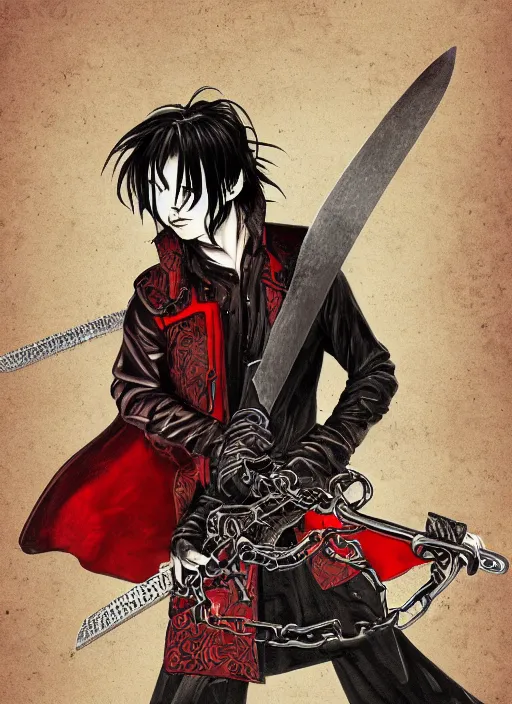 Prompt: illustration of a handsome male vampire by tatsuki fujimoto, long black hair, glowing red eyes, brown coat, chainsaw sword