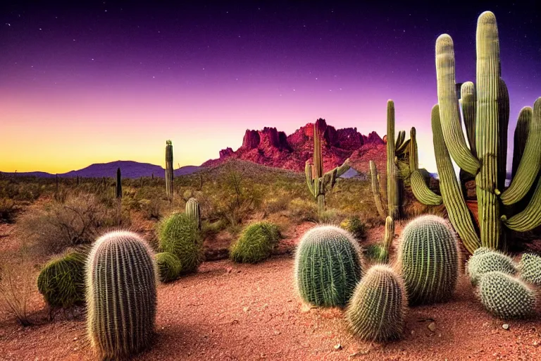 Prompt: beautiful landscape photography of an Arizona desert, dramatic lighting, cactus, lake, nighttime, moon,