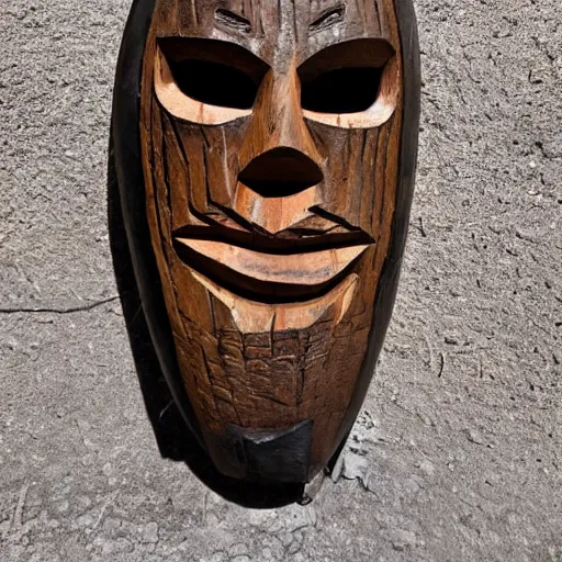 Image similar to tiki mask, carved wood, photo, surrealistic, creepy, dark, epic, cinematic, style of atget, detailed