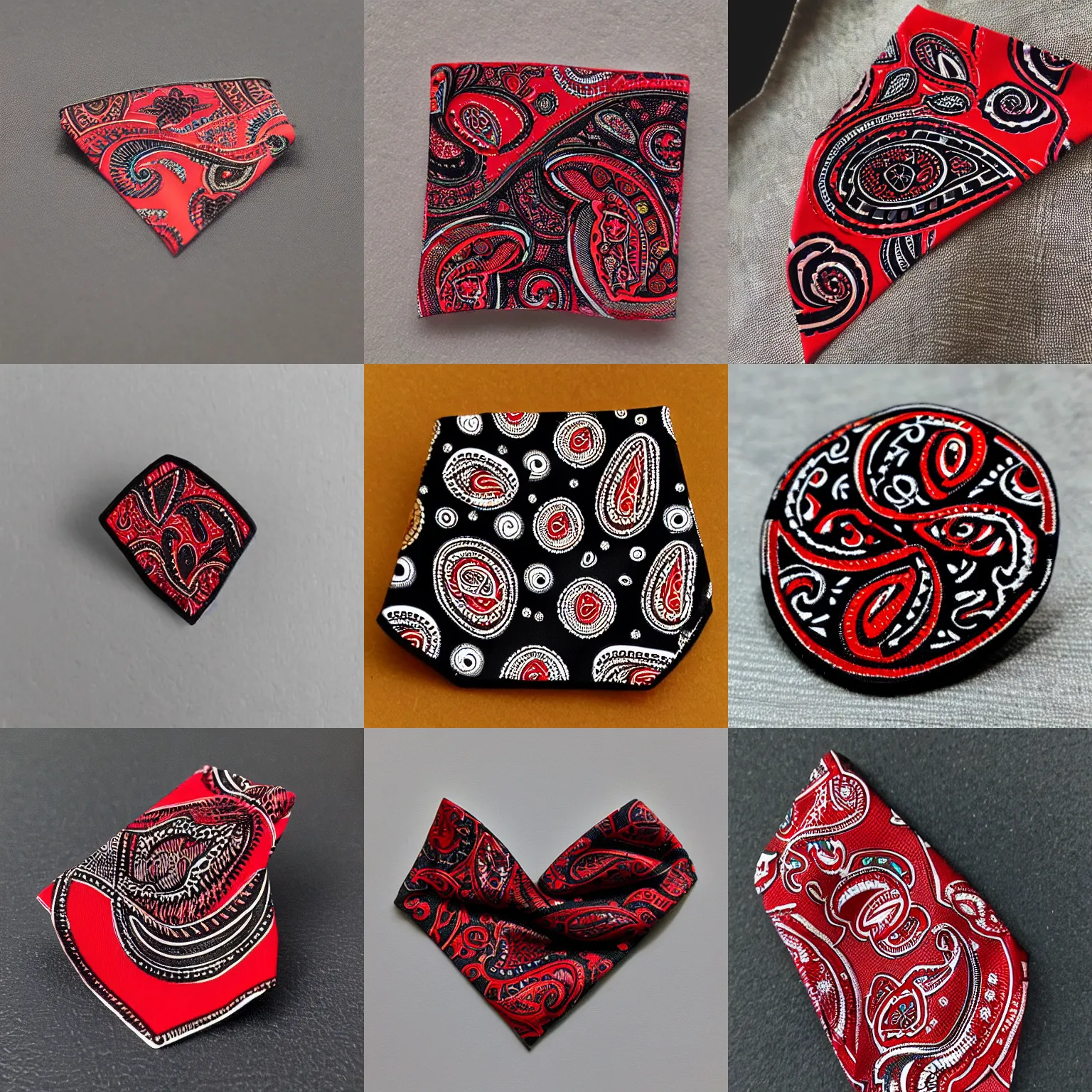 Prompt: “red and black paisley bandana hanky enamel pin, cute product image, high quality lighting”