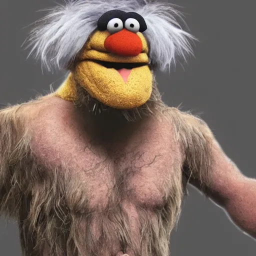 Image similar to a still of a forgotten muppet character looking very manly and modern, hilarious, laughing, hairy chest, huge chin, manly monster tough guy, roughled fur, photo real, photographic, photograph, artstation, trending, featured