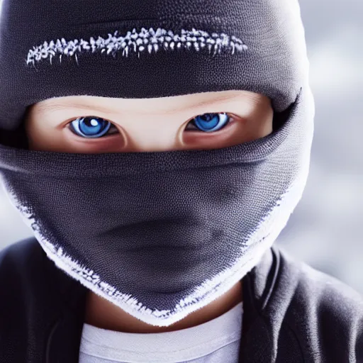 Prompt: a detailed portrait of a boy wearing a black ski mask, blue eyes, art illustration, incredibly highly detailed and realistic, 8 k, sharp focus