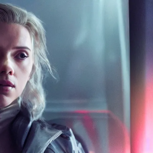 Image similar to a beautiful medium - shot still of scarlett johansson from ghost in the shell looking off into the distance, a - line bob hairstyle, black hairs, ultra realistic, soft, blue hour, soft neons light from night city falling on her face. focus on her eyes and brows. by annie leibowitz