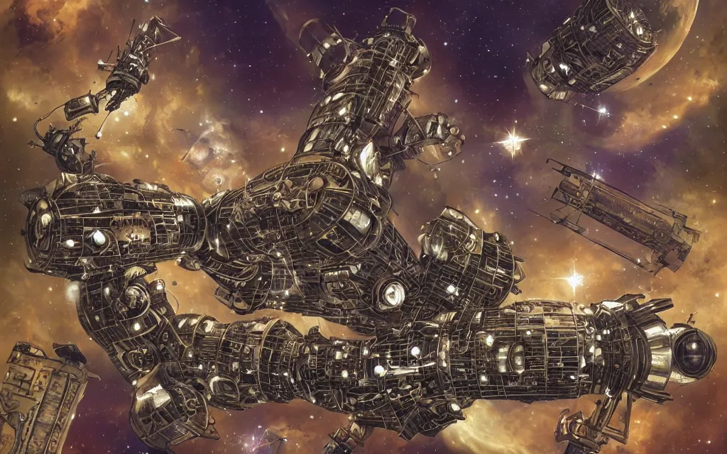 Prompt: steampunk space station in a beautiful galaxy