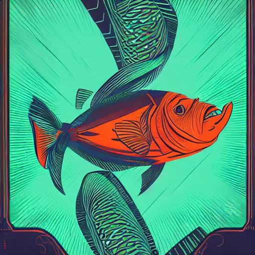 Image similar to one stylized fish in center of view, viewed in profile, dark ocean, complex patterns, artstation, intricate, realistic, highly detailed, digital painting, concept art, sharp focus, illustration by tom whalen and charles williams and kilian eng and james jean