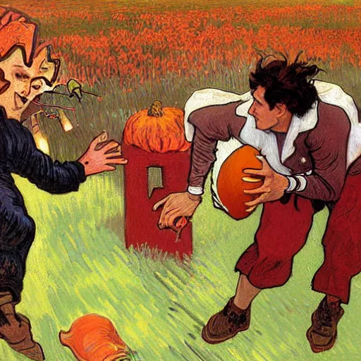 Image similar to painting of arkansas razorbacks playing football with pumpkins at the halloween! party, bubbling cauldron!, candles!, graveyard, gravestones, ghosts, smoke, autumn! colors, elegant, wearing suits!, clothes!, delicate facial features, art by alphonse mucha, vincent van gogh, egon schiele