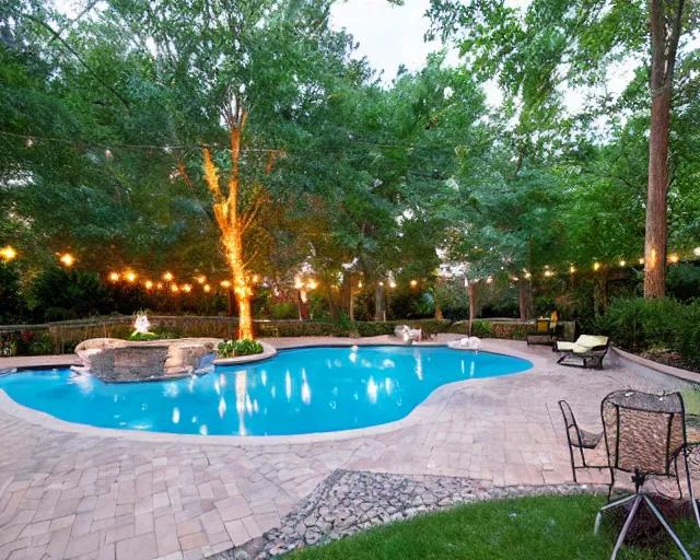 Image similar to a beautiful residential backyard with a pool, mature trees, and lots of shade lit by hanging strands of lights at night.