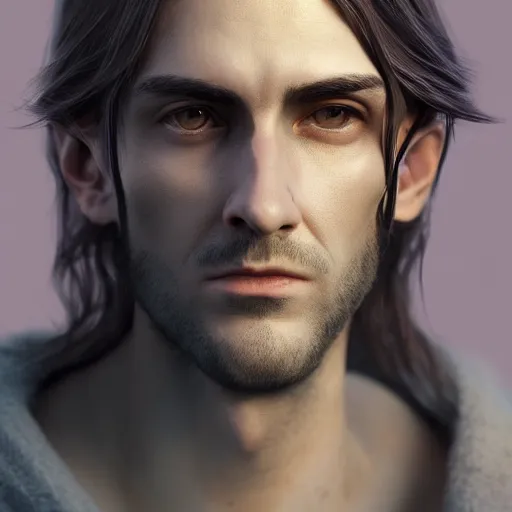 Image similar to a highly detailed portrait of a man with purple eyes, light gray long hair, beardless, without a beard, wearing a black cloak, artstation, DeviantArt, professional, octane render