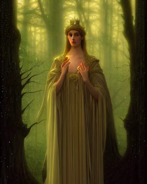 Image similar to nocturne, glowing, stars, a portrait of a beautiful medieval princess, tall and thin, highly detailed, mysterious, ethereal, glowing in the dark, haute couture, dark forest, illustration, painting, dramatic lighting, by edmund blair leighton, brom, charlie bowater, faces by otto schmidt