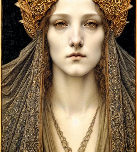 Image similar to detailed realistic beautiful young medieval queen face portrait by jean delville, gustave dore and marco mazzoni, art nouveau, symbolist, visionary, gothic, pre - raphaelite. horizontal symmetry