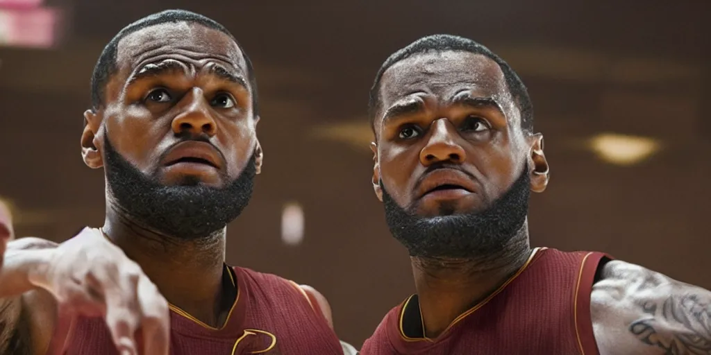 Image similar to leonardo dicaprio as lebron james in'james'( 2 0 2 4 ), movie still frame, oscar nominated cinematography, volumetric lighting, 8 k resolution, beautiful composition