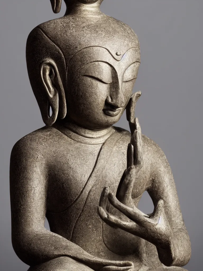 Image similar to beautiful sculpture of meditating buddha holding a smartphone, in a gallery setting. professional studio photo, full object in middle, soft lighting, centered, 1 5 0 mm lens, high definition