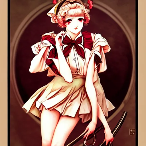 Prompt: character from touhou project in the style of j. c. leyendecker, illustration by j. c. leyendecker, anime girl, cute, beautiful, elegant high art, vintage