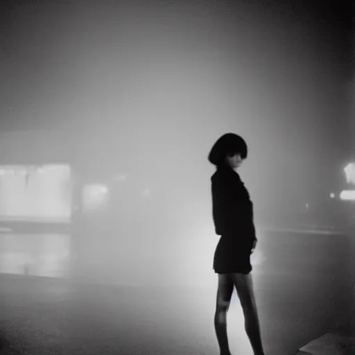 Image similar to foggy neon night, long legged sayaka isoyama leaning back against a wall in a black minidress smoking a cigarette outside a neon lit entrance, 1 9 7 0 s, intricate, moody, tasteful, intimate, highly detailed, short focus depth, artgerm, daido moriyama