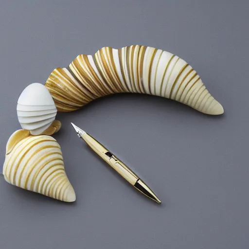 Prompt: nautilus pompilius shell white stone, golden rule pen image