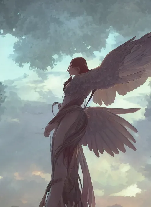 Image similar to a female anthropomorphic eagle warrior. She has two wings on her back. Forest, clearing. Full shot, wings are focus. Atmospheric lighting, By Makoto Shinkai, Stanley Artgerm Lau, WLOP, Rossdraws, James Jean, Andrei Riabovitchev, Marc Simonetti, krenz cushart, Sakimichan, D&D trending on ArtStation, digital art.