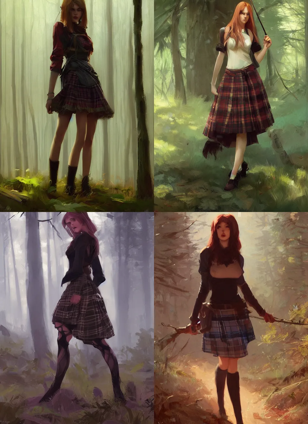 Prompt: beautiful woman in plaid miniskirt standing in a dark forest, rpg character art, by jeremy lipking, by greg rutkowski, trending on artstation