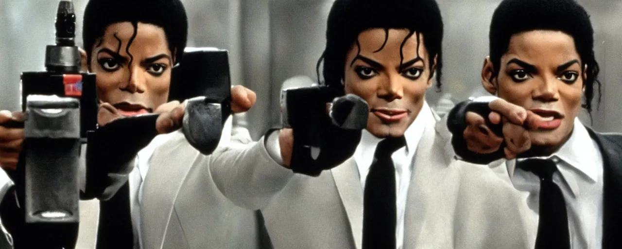 Image similar to michael jackson with very short hair in men in black pointing the neuralyzer at will smith