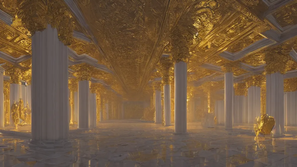 Image similar to glowing golden statues, in an ncient temple in ruins, impeccably clean white marble columns,, by sylvain sarrailh, rossdraws, ambient light, ultra detailed, fantasy artwork, 8 k, volumetric lighting, trending on artstation, award winning, very beautiful.