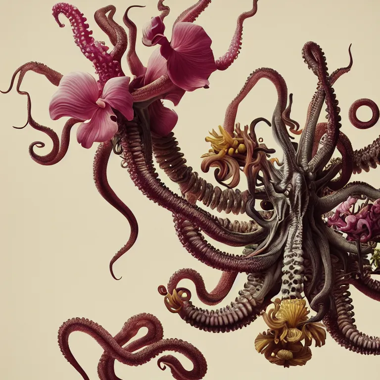 Image similar to still life of tropical flowers, alien squid, octopus, pastel tropical flowers, surreal alien ribbed tropical fruit, white human spine, baroque painting, beautiful detailed intricate insanely detailed octane render, 8K artistic photography, photorealistic, chiaroscuro, Raphael, Caravaggio
