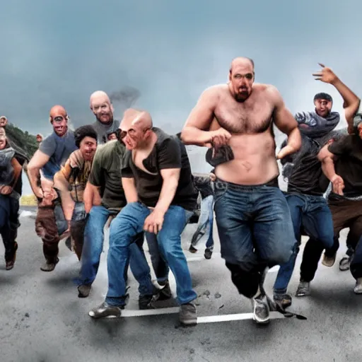 Image similar to a group of crazy dudes come storming at you