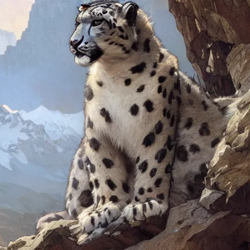 Image similar to Concept art, A shiny snow leopard sitting by snow mountains, 8k, alphonse mucha, james gurney, greg rutkowski, john howe, artstation