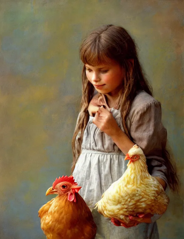 Image similar to portrait of little peasant girl holding a chicken, cottage core, cinematic focus, polaroid photo bleached vintage pastel colors high - key lighting, soft lights, foggy, by steve hanks, by lisa yuskavage, by serov valentin, by tarkovsky, 8 detailed, oil on canvas