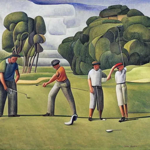 Image similar to Three golfers on a beautiful golf course, by Diego Rivera