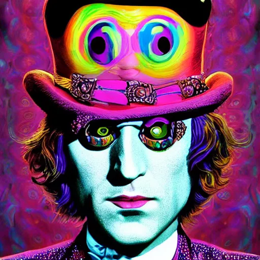 Image similar to an extremely psychedelic portrait of willy wonka as lady gaga, surreal, lsd, face, detailed, intricate, elegant, lithe, highly detailed, digital painting, artstation, concept art, smooth, sharp focus, illustration,