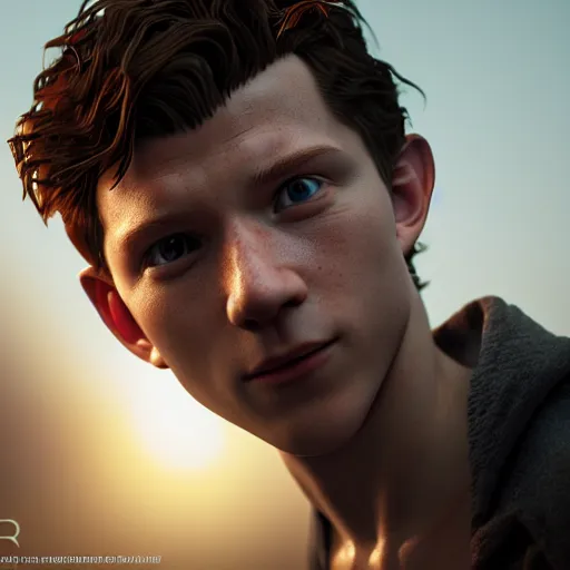 Image similar to Tom Holland, intricate detail, 3d render, octane render, god rays, depth of field, trending on artstation, 4k, hd