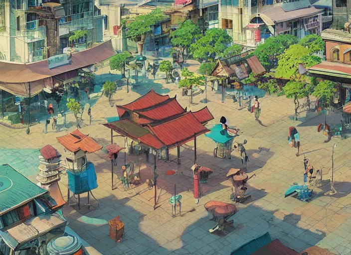 Image similar to bangkok townsquare, deserted, summer morning, very coherent and colorful high contrast, art by gediminas pranckevicius, geof darrow, makoto shinkai, dark shadows, hard lighting