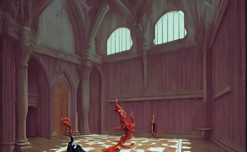 Prompt: Inside castle throne room, highly detailed, very coherent, painted by Francis Bacon and Edward Hopper, Wayne Barlowe, painted by James Gilleard, surrealism, airbrush, art by JamesJean