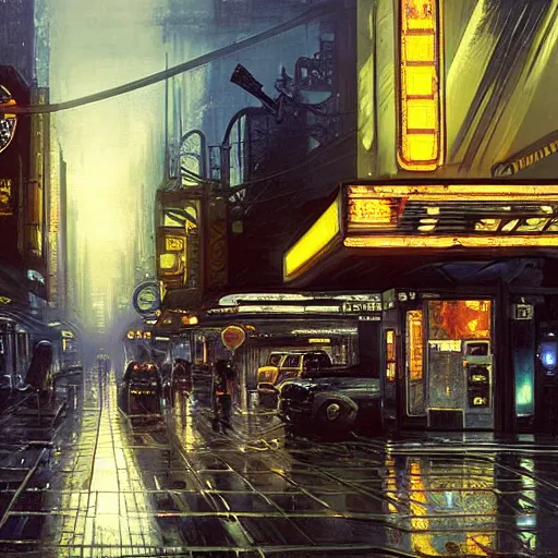 Prompt: scene from bladerunner 2 0 4 9 movie, painting of syd mead artlilery scifi organic shaped gas station with ornate metal work lands on a sidewalk, floral ornaments, greek architecture, volumetric lights, purple sun, andreas achenbach