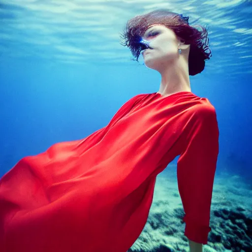 Image similar to beautiful portrait of sensual fashion model in red silk underwater, 35mm film