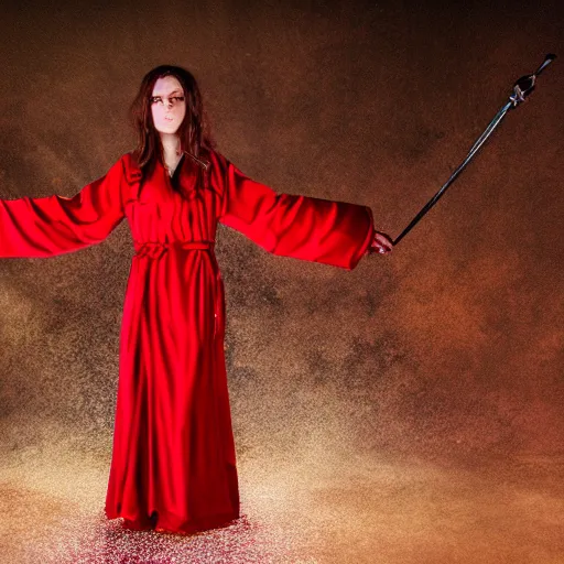 Prompt: photo of a beautiful magical witch woman wearing red robes, CANON Eos C300, 15mm, very detailed, beautiful atmospheric lighting, studio photography