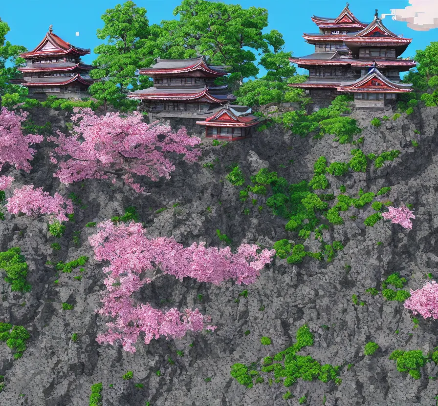 Image similar to realistic japan castle + sakura, pixel art, unreal engine 5, wallpaper, 8 k, ultra detailed, realistic photo, artstation