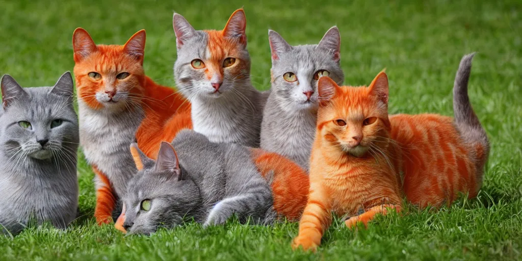 Image similar to three orange cats and two grey cats relaxing in a field