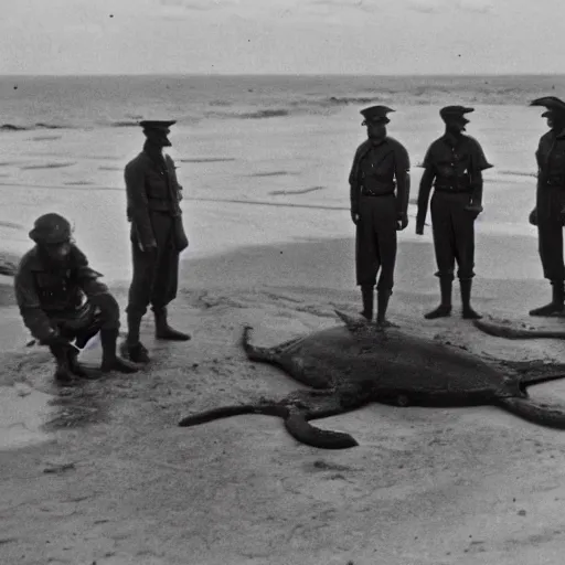 Image similar to 1940s photo, long shot, 5 soldiers looking at a huge creature washed up on a beach