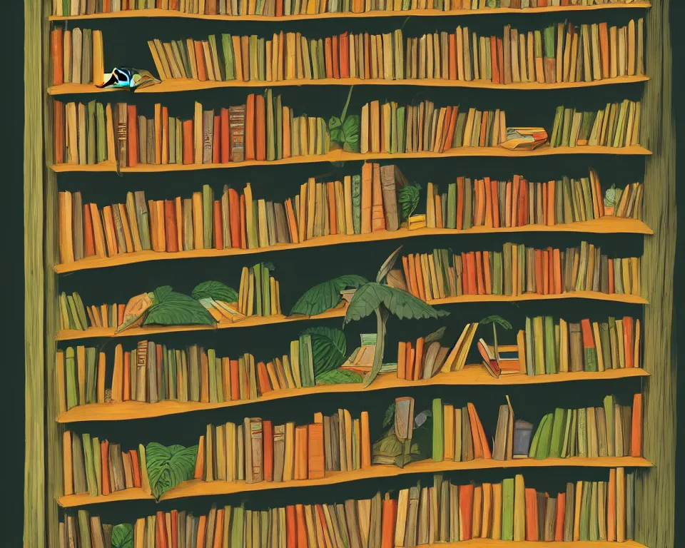 Prompt: one small bookshelf in the rainforest, featuring legal books, by hopper. hyperdetailed, proportional, romantic, enchanting, achingly beautiful, graphic print, trending on artstation, jungle, tropical, foliage